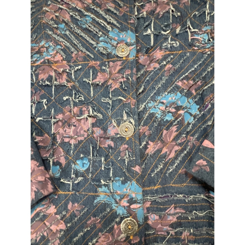 VTG Jean Jacket Painted Flowers Floral Shredded Denim Tantrums Women's XL - Picture 3 of 14